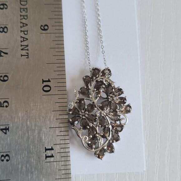 Vintage Sterling Silver Floral Filigree Smoky Quartz Crystal Pendant Necklace - Picture 11 of 16